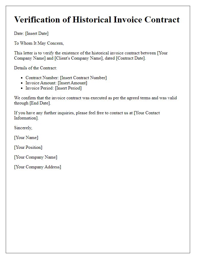 Letter template of verification for historical invoice contract.