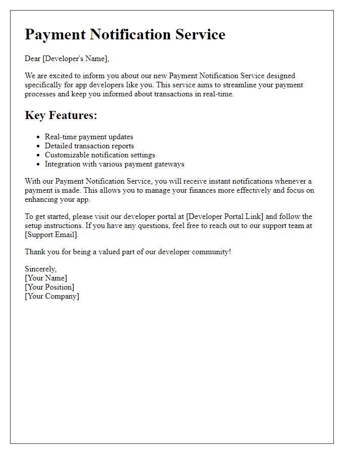 Letter template of describing payment notification service for app developers.