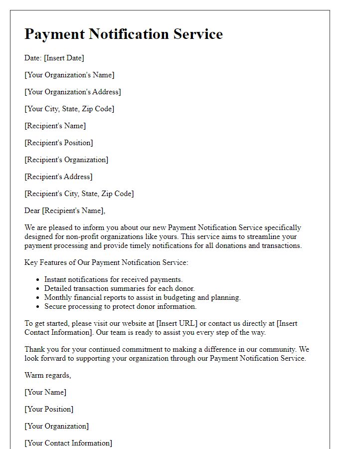 Letter template of detailing payment notification service for non-profit organizations.