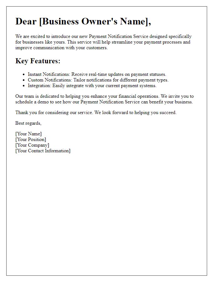 Letter template of introducing payment notification service for businesses.