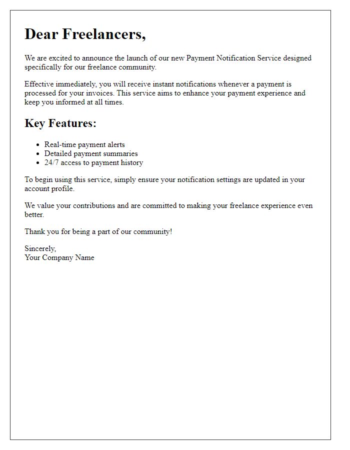 Letter template of launching payment notification service for freelancers.