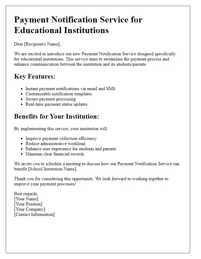 Letter template of presenting payment notification service for educational institutions.