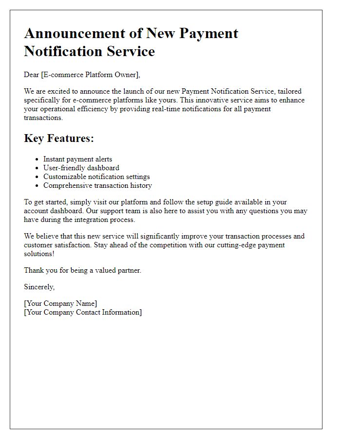 Letter template of unveiling payment notification service for e-commerce platforms.