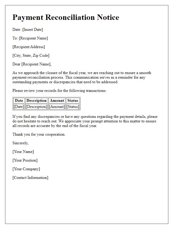 Letter template of payment reconciliation communication for fiscal year closure.