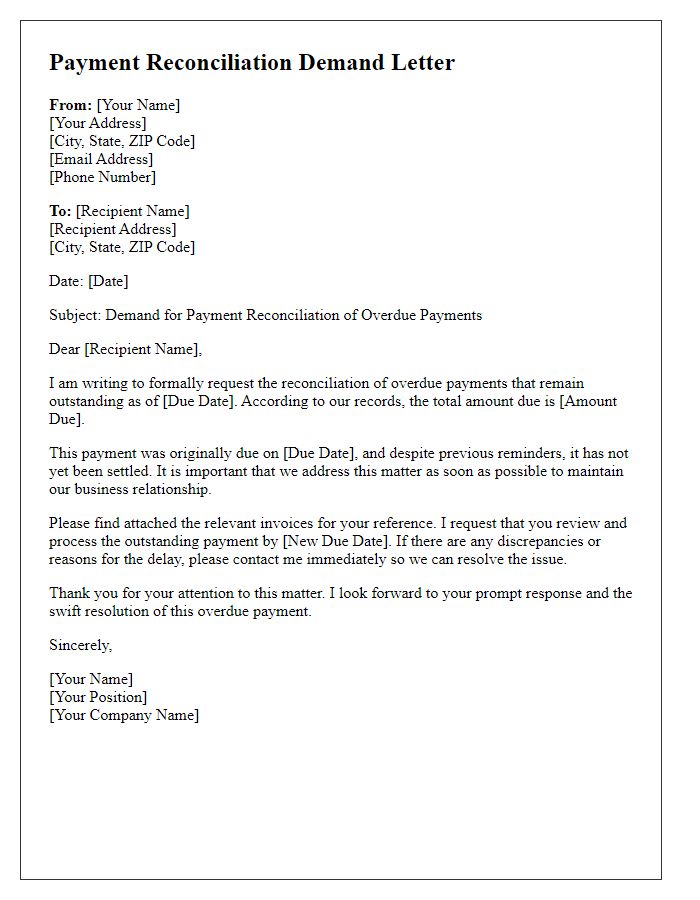 Letter template of payment reconciliation demand for overdue payments.