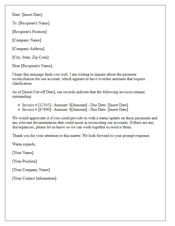 Letter template of payment reconciliation inquiry for overdue accounts.