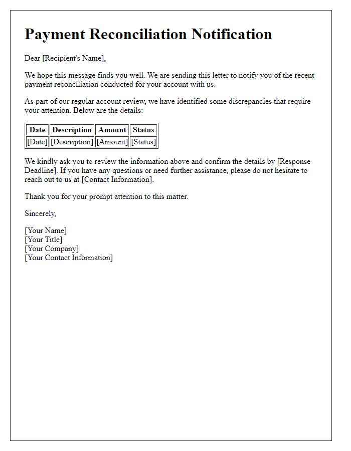 Letter template of payment reconciliation notification for account review.