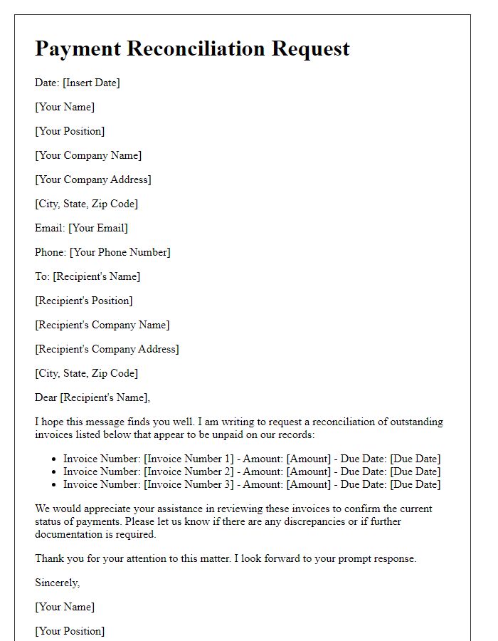 Letter template of payment reconciliation request for outstanding invoices.