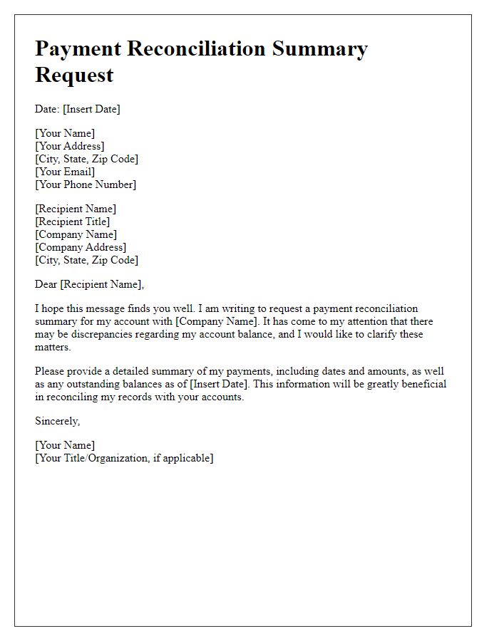 Letter template of payment reconciliation summary request for account balance.