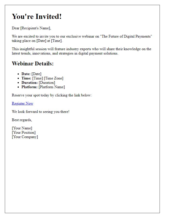 Letter template of the exclusive invite to a digital payment webinar.