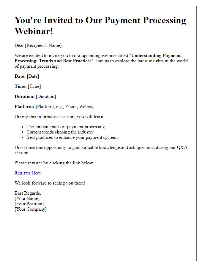 Letter template of invitation to a payment processing webinar.