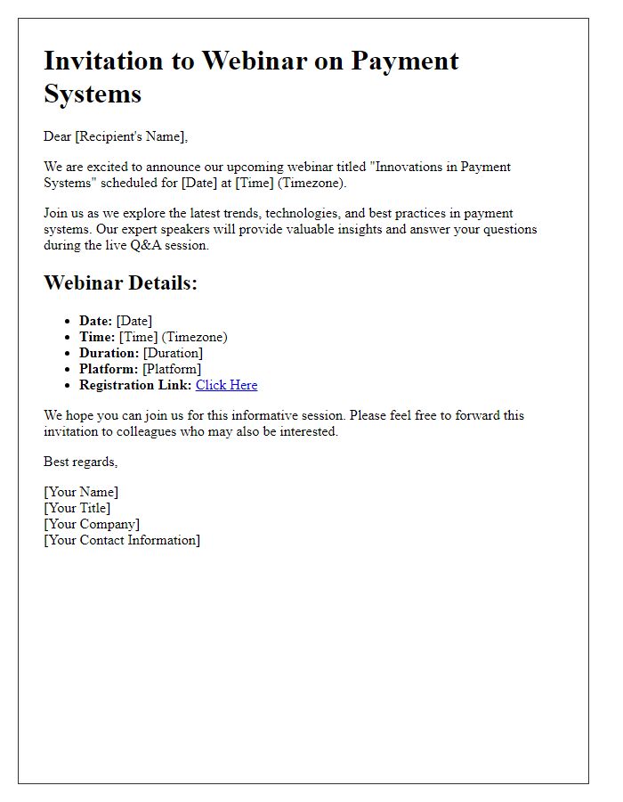 Letter template of notification for a webinar on payment systems.