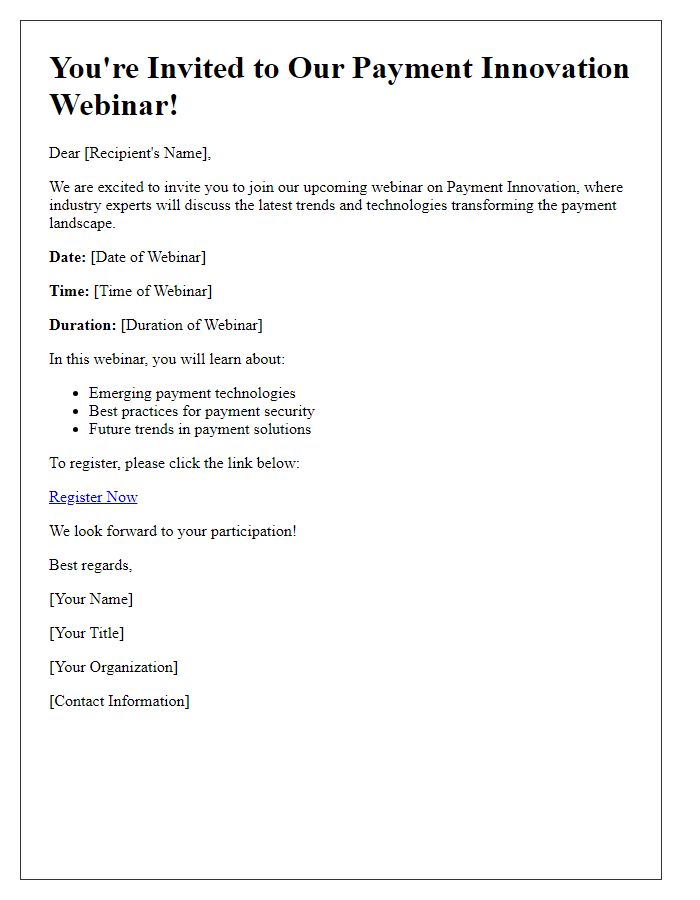 Letter template of registration invitation for a payment innovation webinar.