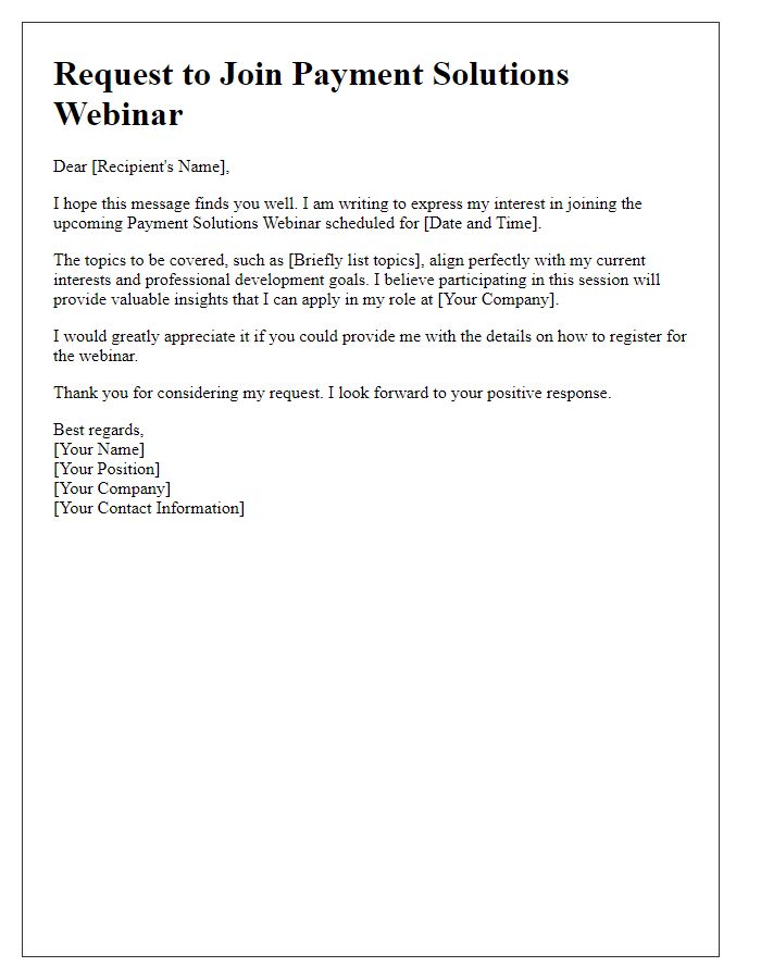 Letter template of request to join our payment solutions webinar.