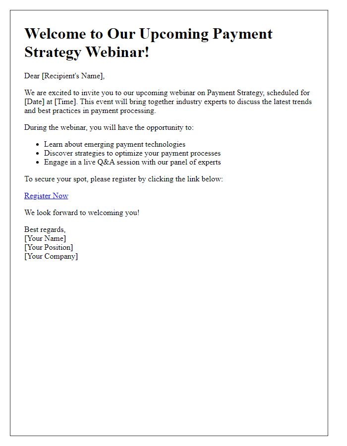 Letter template of welcome to our upcoming payment strategy webinar.