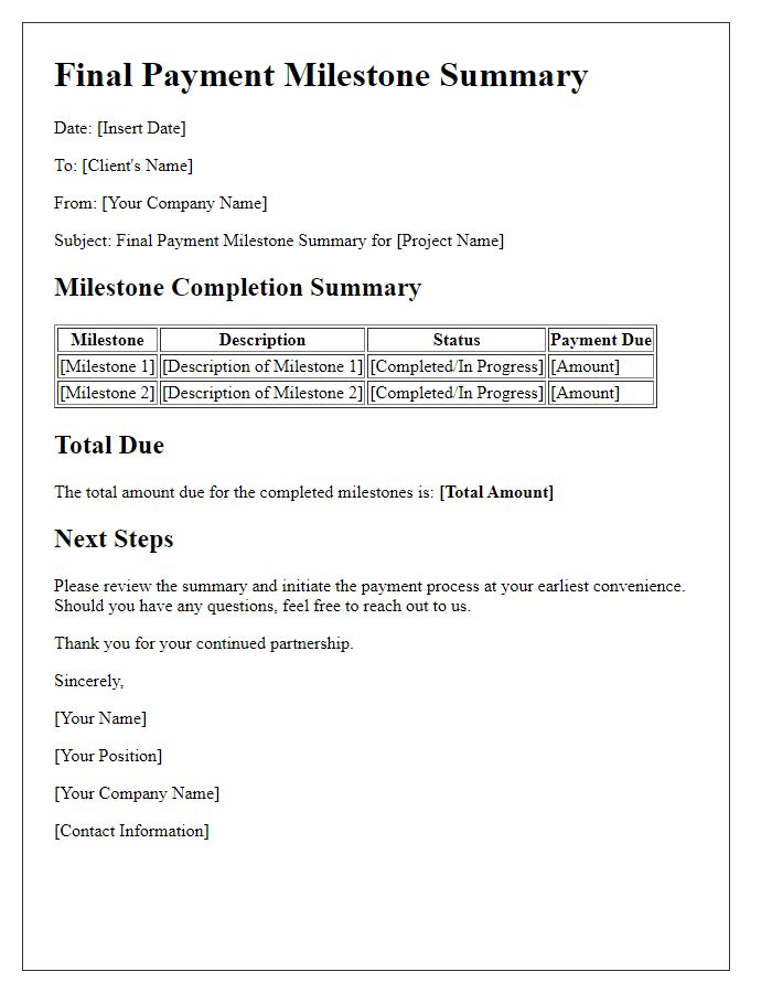 Letter template of final payment milestone summary.