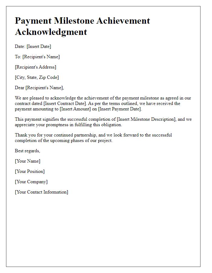 Letter template of payment milestone achievement acknowledgment.