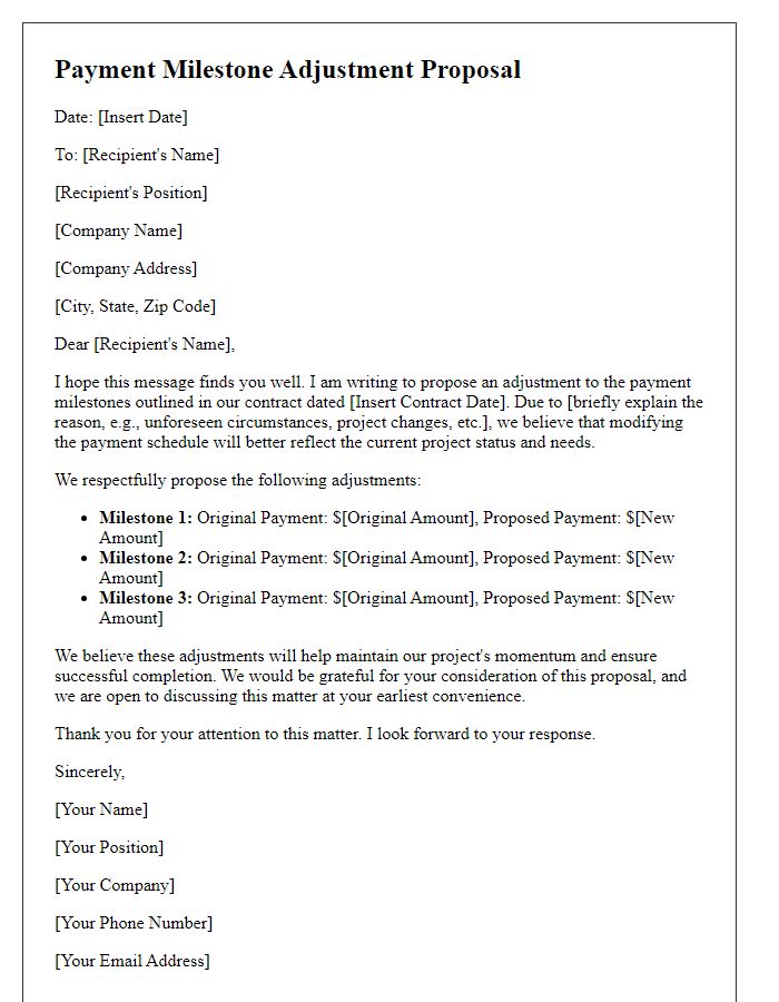 Letter template of payment milestone adjustment proposal.