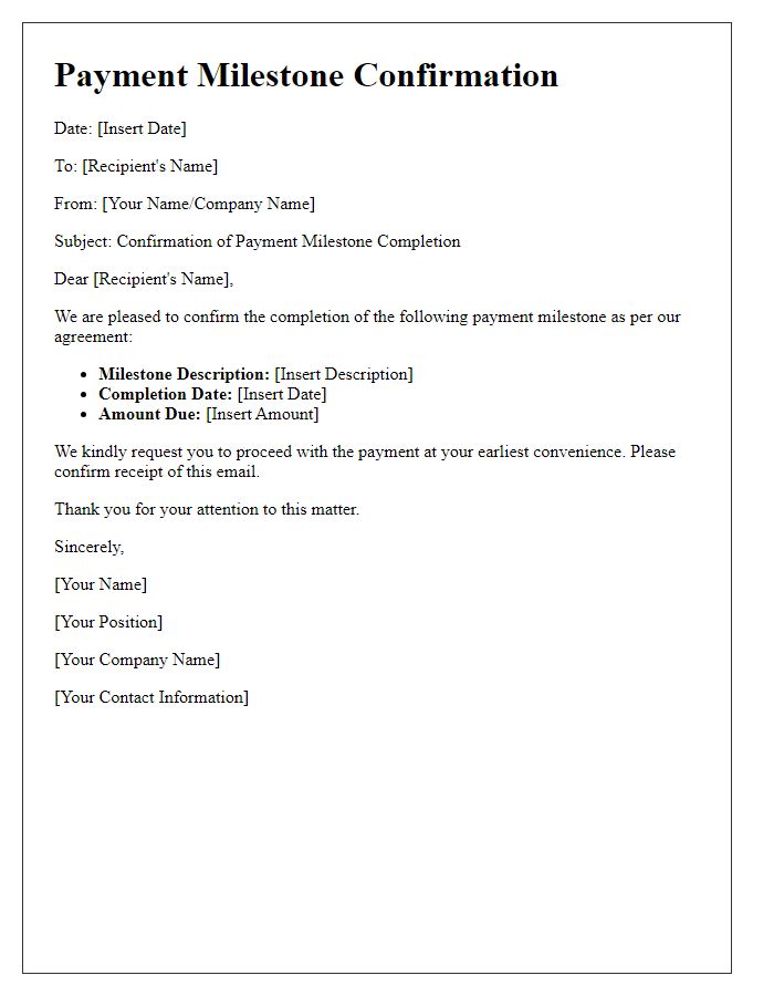 Letter template of payment milestone confirmation.