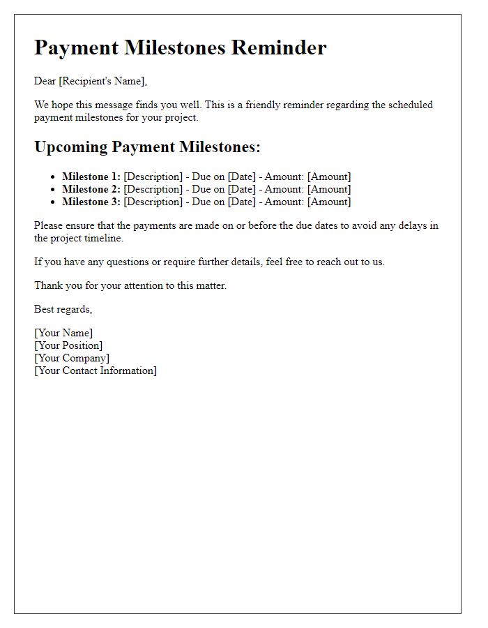 Letter template of scheduled payment milestones reminder.
