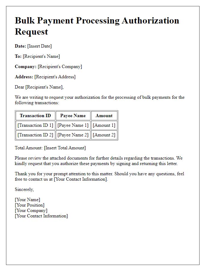 Letter template of bulk payment processing authorization request.