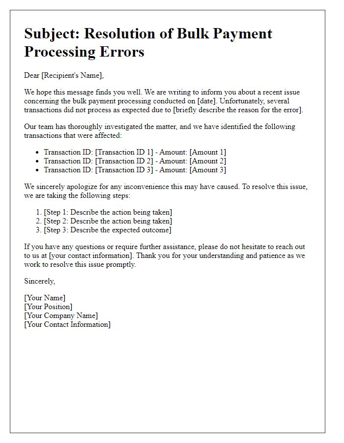 Letter template of bulk payment processing error resolution.