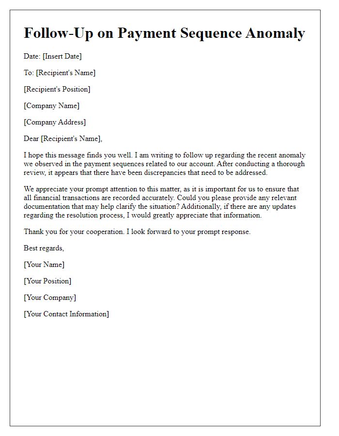 Letter template of follow-up on payment sequence anomaly.