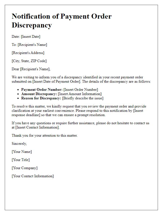 Letter template of notification for payment order discrepancy.