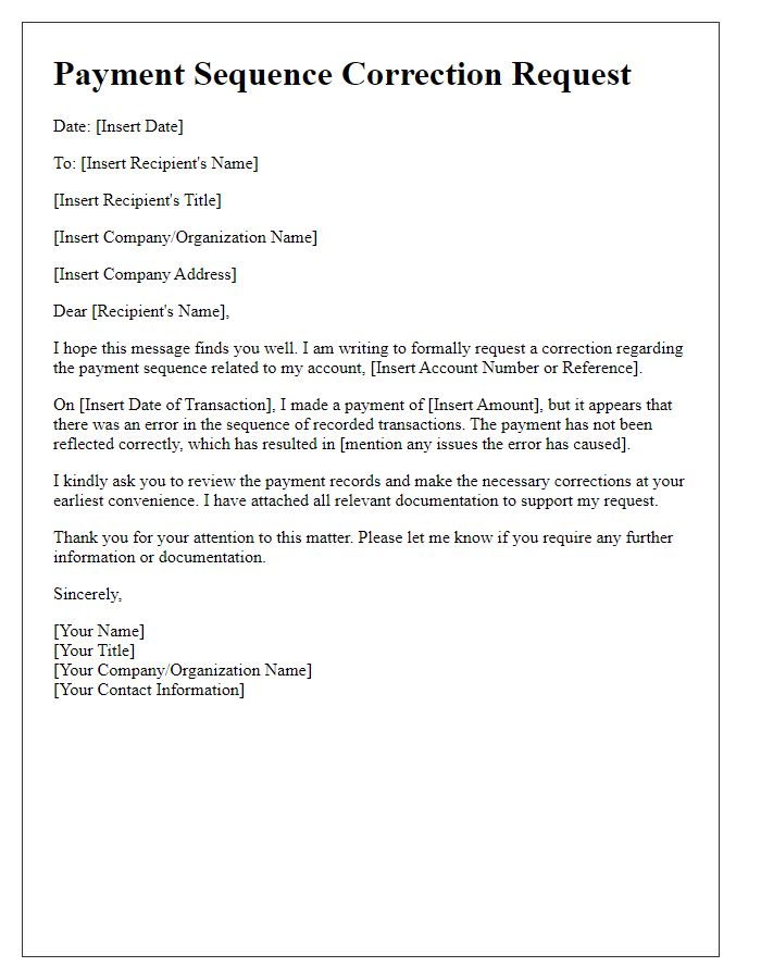 Letter template of payment sequence correction request.