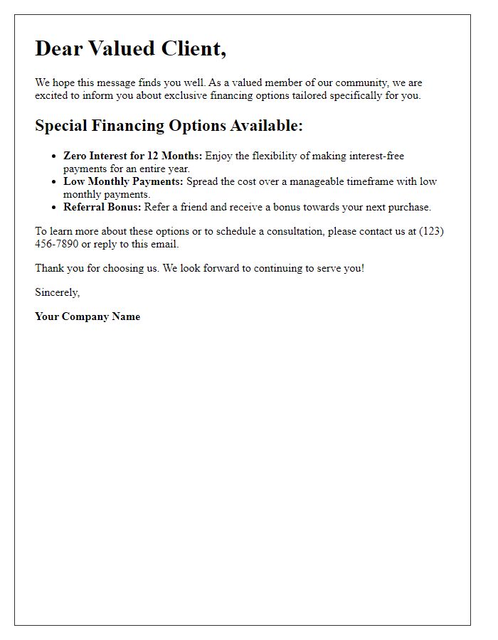 Letter template of special financing options for valued clients.