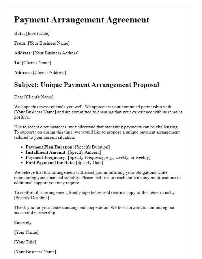 Letter template of unique payment arrangements for businesses.