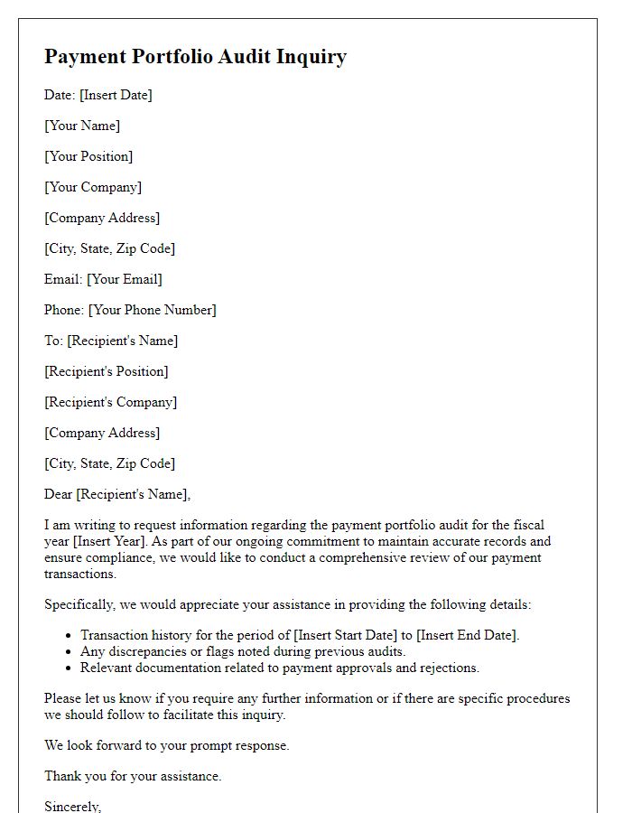 Letter template of payment portfolio audit inquiry.