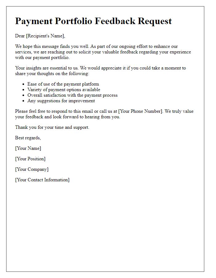 Letter template of payment portfolio feedback solicitation.