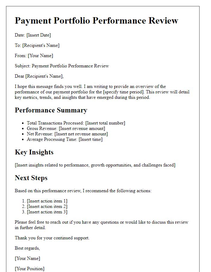 Letter template of payment portfolio performance review.