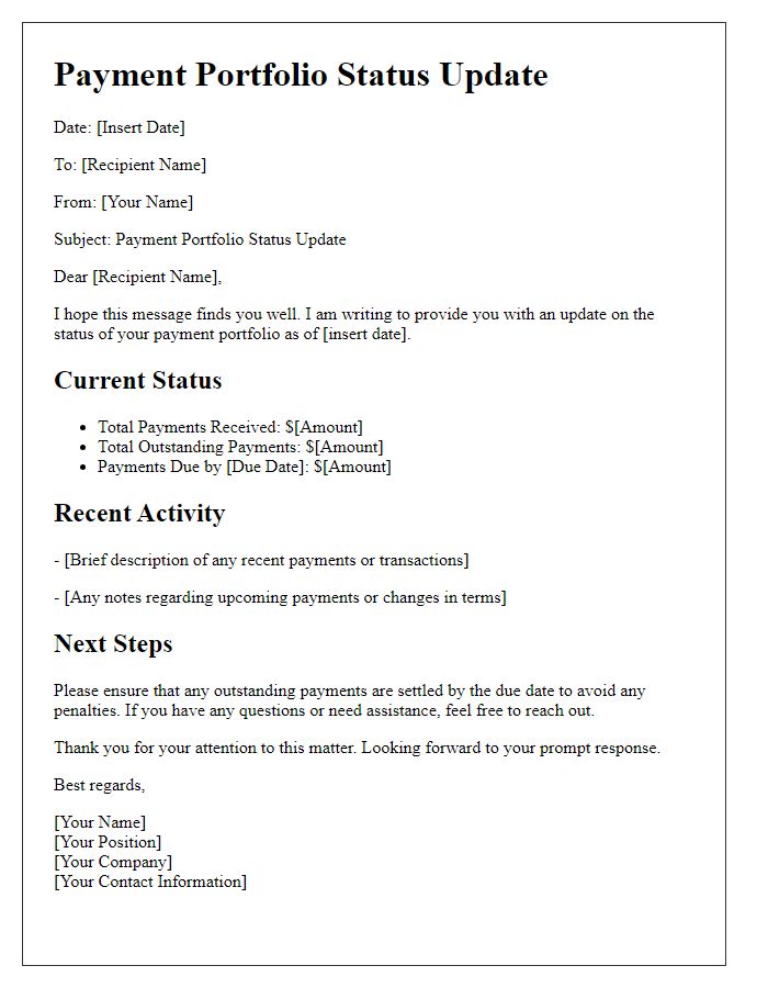 Letter template of payment portfolio status update.