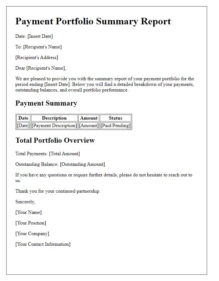 Letter template of payment portfolio summary report.