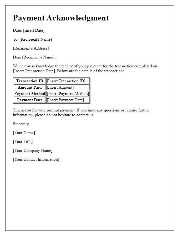 Letter template of acknowledgment for payment transaction verification.