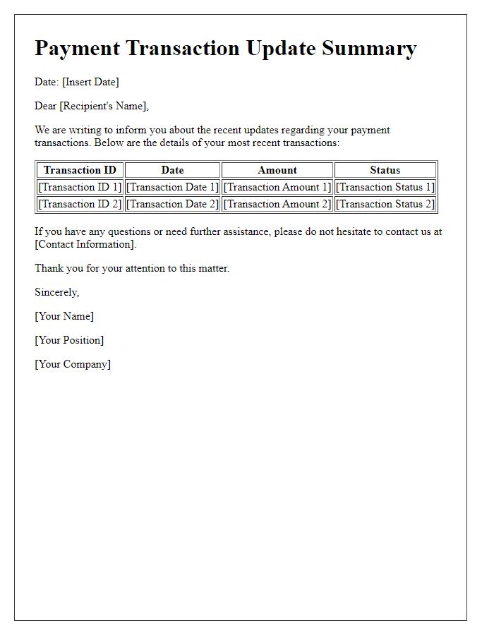 Letter template of summary for recent payment transaction updates.