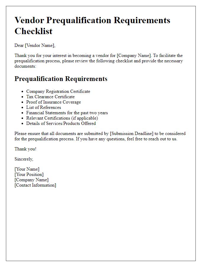 Letter template of vendor prequalification requirements checklist