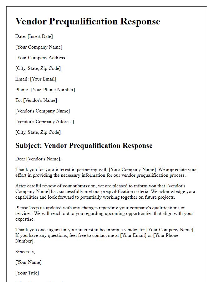 Letter template of vendor prequalification response