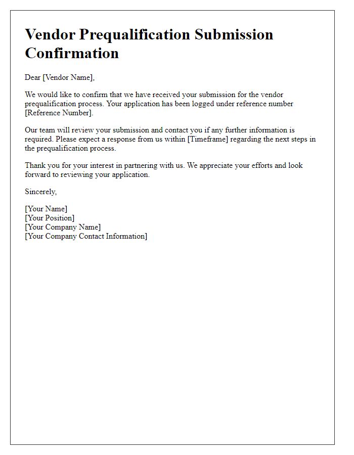 Letter template of vendor prequalification submission confirmation