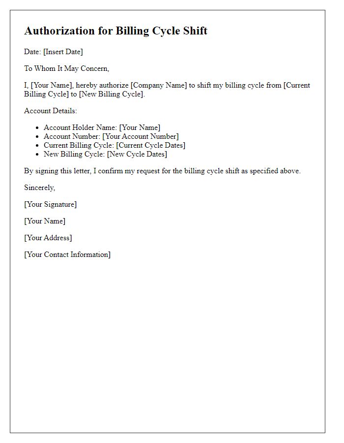 Letter template of authorization for billing cycle shift.