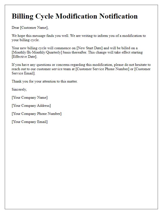 Letter template of notification for billing cycle modification.