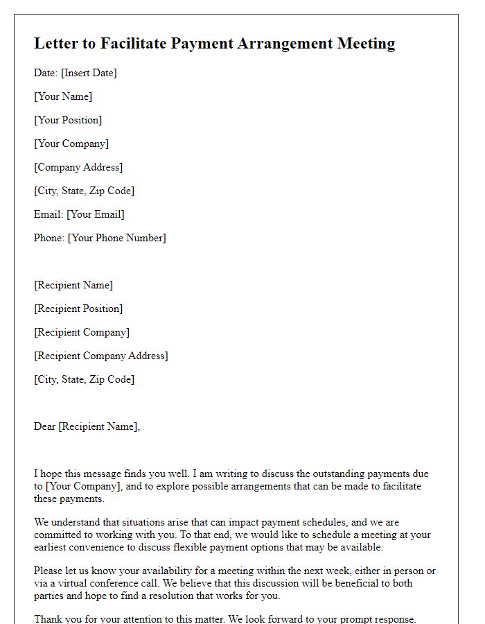 Letter template of facilitating a payment arrangement meeting.