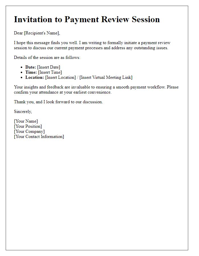 Letter template of initiating a payment review session.