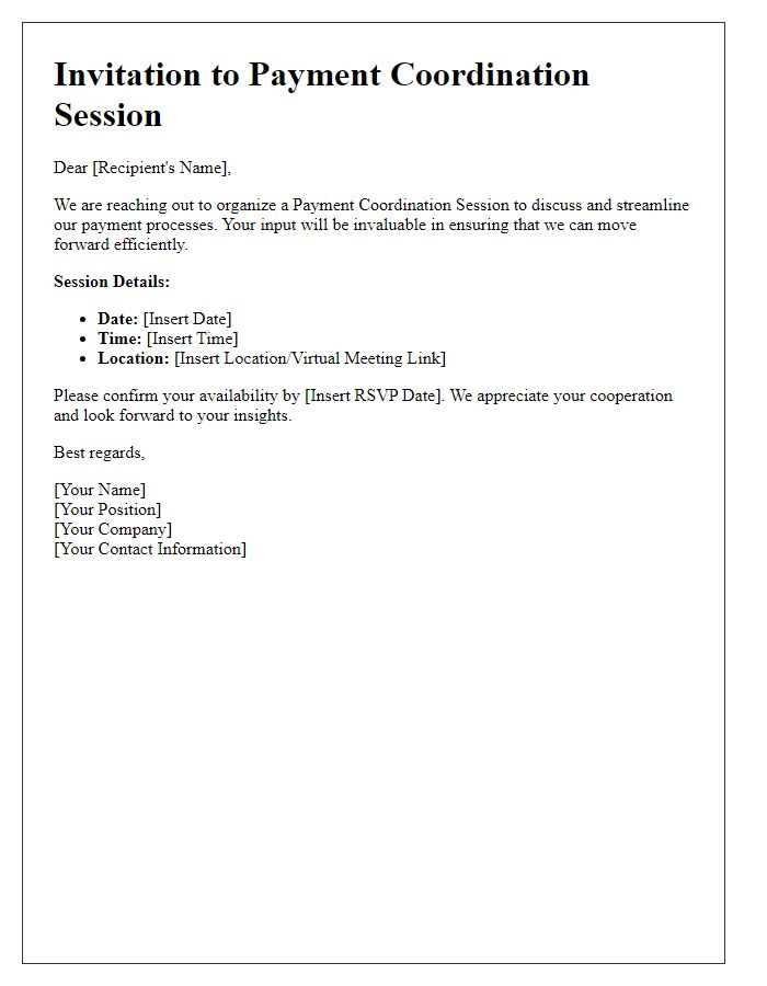 Letter template of organizing a payment coordination session.