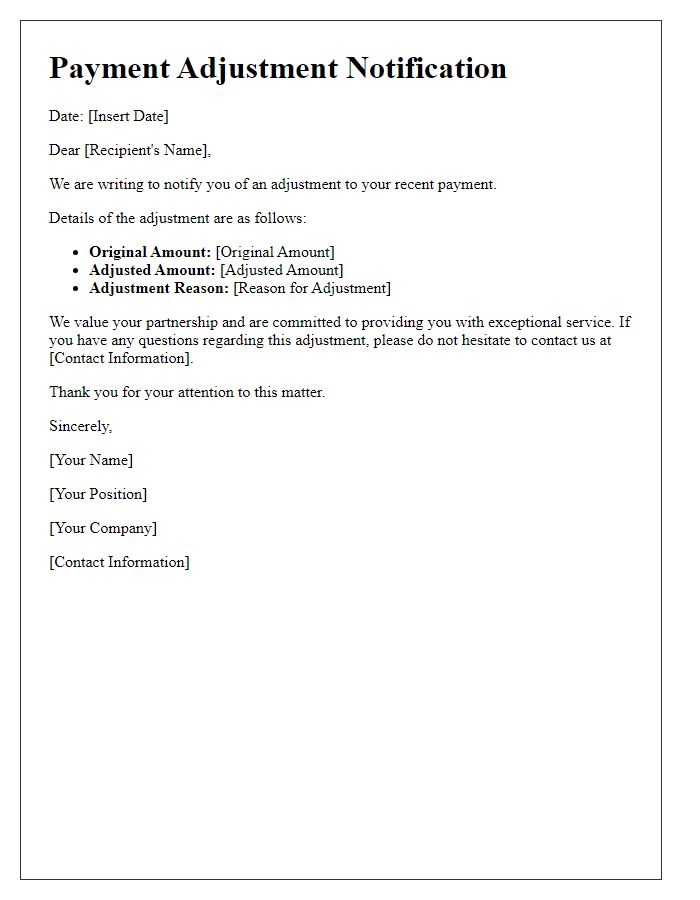 Letter template of closing payment adjustment notifications.