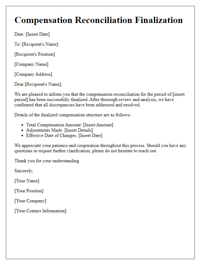 Letter template of compensation reconciliation finalization.