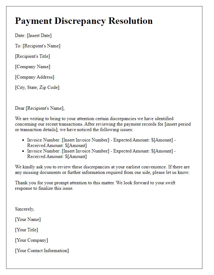 Letter template of finalizing payment discrepancies.