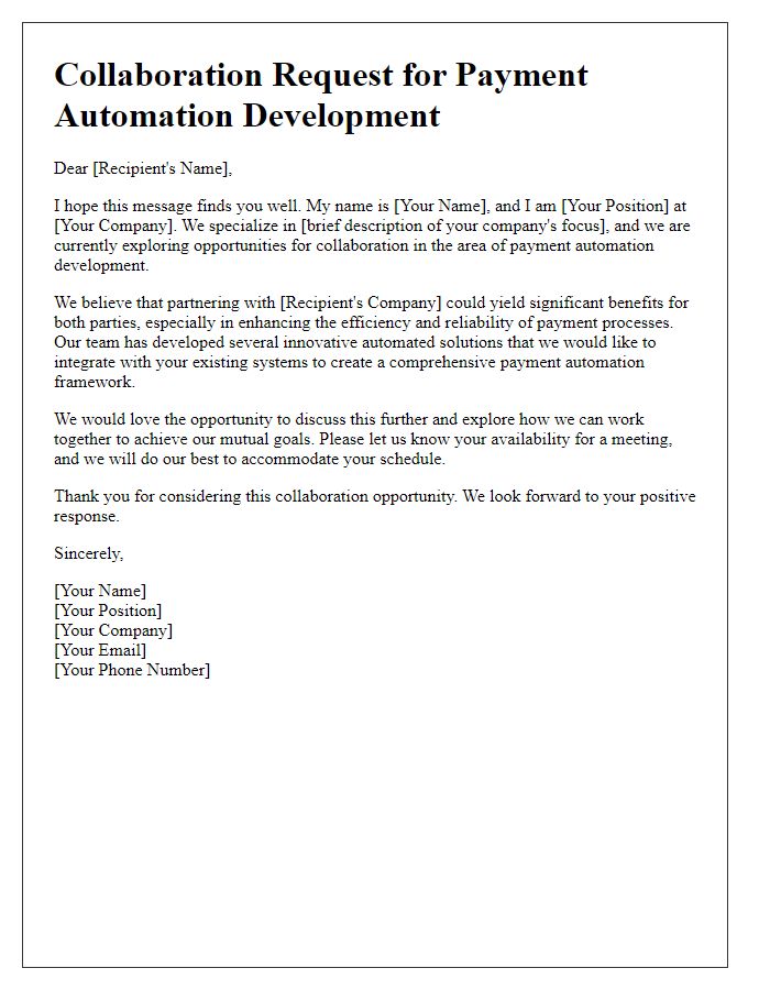 Letter template of collaboration request for payment automation development.